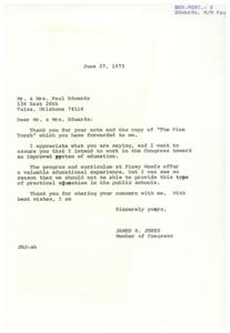 ["The document is a letter from Congressman James R. Jones to Mr. and Mrs. Paul Edwards, thanking them for their note and copy of \"The Pine Torch.\" Jones expresses his intention to work towards improving the education system and mentions the valuable educational experience offered at Piney Woods School. The document also discusses various programs at Piney Woods that teach practical skills to students."]