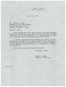 ["Clyde R. Evans of Mangum Oil and Gas Company wrote to Congressman James R. Jones about the fuel shortage facing companies like his own. Evans provided information to various officials and requested help. Congressman Jones acknowledged the letter and assured Evans of his assistance. Additionally, Evans provided detailed information on fuel purchases to the Oil & Gas Division of the Department of Interior. Evans received extra diesel fuel from Bell Oil & Gas Company to help with the harvest, as requested by Governor Hall."]