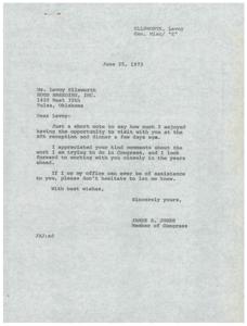 ["The document is from James R. Jones, a Member of Congress, to Levoy Ellsworth of Hugh Breeding Inc. Jones expresses his appreciation for meeting Ellsworth at an ATA reception and dinner, and looks forward to working closely with him in the future. Jones also offers assistance from his office if needed."]