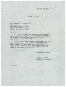 ["James R. Jones, a member of Congress, is recommending Mrs. Mary Jessup for a public relations position at the National Bank of Tulsa. He mentions that she worked on his campaign and asks for her consideration for any available vacancies."]