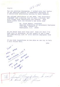 ["The document discusses a potential advertising opportunity with the American Federation of Government Employees and their publication \"The Government Standard.\" It mentions difficulties in obtaining a mailing list of civil service employees and suggests reaching out to the AFGE for cooperation. John is asked to provide a status report on obtaining a civil service list for Jim Ellison."]