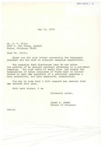 ["The document is a response from Congressman James R. Jones to Mr. C. F. Ellis regarding the Watergate incident and the need to regulate campaign expenditures. Jones agrees that campaign fund disclosure laws do not solve the problem of unequal monetary advantage in political campaigns and expresses support for measures to make political campaigns more accessible and less expensive. Ellis also expresses a similar sentiment in a note attached to the letter."]