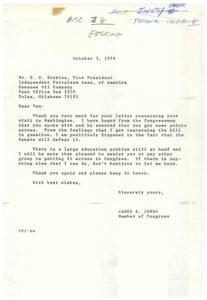 ["The first letter is from Congressman James R. Jones to Mr. H. S. Erskine, thanking him for his efforts in discussing a bill in Washington and expressing willingness to assist with the education problem. The second letter is from Mr. Erskine to Congressman Jones, thanking him for arranging appointments with other congressmen and mentioning the need for continued communication with representatives of the oil industry."]