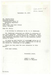 ["Congressman James R. Jones wrote a letter to Mr. Gerald Ellis, the Business Manager of the International Union of Operating Engineers, regarding Mr. W. M. Newbrough's union pensions. Mr. Newbrough worked for the Operating Engineers local in San Francisco before moving to Tulsa and is experiencing problems with his pensions. Congressman Jones is seeking advice and suggestions from Mr. Ellis on how to resolve the issue and assure Mr. Newbrough of his pension."]
