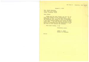 ["Norma Eagleton thanked Congressman James R. Jones for his help and mentioned that Congressman Ray Thornton will speak in Tulsa on September 6 and Barbara Jordan will speak at a later date. She asked for advice on finding a speaker if Jordan is unavailable and suggested discussing the impeachment issue at the dinner. Norma also expressed concern about the date of the dinner due to speculation about impeachment proceedings."]
