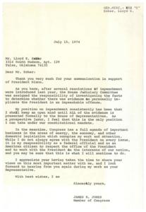 ["Lloyd E. Ecker wrote a letter to Congressman James R. Jones expressing support for President Nixon during the impeachment proceedings. Jones responded by stating his position of keeping an open mind until all evidence is presented formally to the House of Representatives. He also mentioned his focus on important legislative matters and his commitment to working with the President for the interests of the nation. Ecker expressed his support for Jones and emphasized the importance of looking towards the future and supporting the President."]