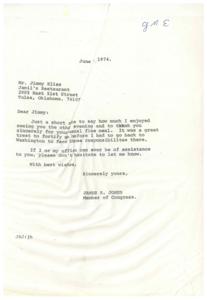 ["The sender, James R. Jones, thanks Jimmy Elias for a fine meal at Jamil's Restaurant in Tulsa. He expresses his enjoyment of their meeting and offers assistance from his office if needed."]