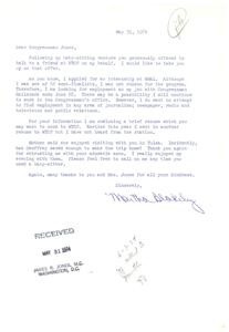["The writer is seeking help from Congressman Jones in finding employment in journalism after not being chosen for an internship at WMAL. She is enclosing her resume and expresses gratitude for the congressman's help and for entrusting her with his sons. She also mentions her work experience and education background in journalism."]