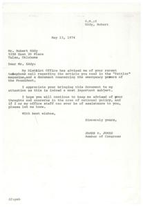 ["Mr. Robert Eddy contacted Congressman James R. Jones regarding an article in the \"Tattler\" magazine about emergency powers of the President. Congressman Jones thanked Mr. Eddy for bringing this document to his attention and encouraged him to continue sharing thoughts on national policy. Mr. Eddy suggested that Congressman Jones obtain a copy of the document from the Superintendent of Documents."]