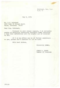 ["Mrs. V.J. Echohawk requested copies of Emergency Power statutes from James R. Jones, a Member of Congress. Jones provided the requested materials and offered further assistance if needed. The request was received on April 30, 1974, and the materials were sent on May 8, 1974."]