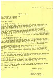 ["Raymond E. Enochs writes a letter to Congressman James R. Jones expressing concern about bias in the news media, the political situation in the country, and the treatment of President Nixon during the Watergate scandal. Enochs believes that Congress should support the President and work together to pass laws to prevent similar situations in the future. Congressman Jones responds by acknowledging Enochs' concerns and stating that Congress is focused on important legislative issues while also keeping an open mind regarding the ongoing investigation into Nixon."]