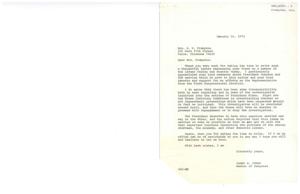["Mrs. Frampton wrote a letter expressing her views on various issues facing the country, including support for President Johnson and concern about the impeachment proceedings for President Nixon. Congressman Jones thanked her for her thoughtful letter, agreed with some of her points, and emphasized the importance of resolving these issues quickly to address important national problems like the energy shortage and economy. He also expressed gratitude for her support and offered assistance if needed."]