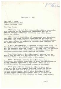 ["The document is a letter from Congressman James R. Jones in response to a letter from Carl T. Etter regarding his opinions on impeachment and other national issues. Jones explains the process of impeachment investigations and expresses his intention to keep an open mind based on legal evidence. Etter's letter includes his concerns about the Watergate scandal, the media's coverage of it, and his views on political morality and freedom of the press. Etter criticizes the handling of the Watergate scandal and expresses support for President Nixon."]