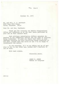 ["Mr. and Mrs. Eschbach visited a Congressional office to express concern about their son's long work hours at Fort Leonard Wood. Congressman Jones thanked them for the information and offered to investigate if their son feels there are improper activities. The office has not heard back from the Eschbach's with further details."]
