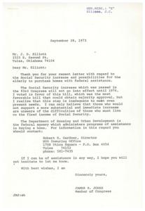 ["The document is a response from Congressman James R. Jones to a letter from Mr. J.D. Elliott regarding Social Security increases and the possibility of elderly individuals purchasing homes with federal assistance. Jones explains that the Social Security increase will not go into effect until 1974 and provides information on how to contact the Department of Housing and Urban Development for assistance in buying a home. Jones expresses his support for a more substantial increase in Social Security and offers his assistance to Mr. Elliott."]