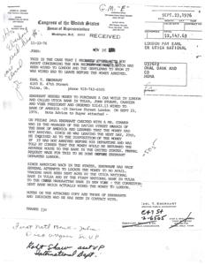 ["The document is a letter from G.M. to James R. Jones concerning a case involving money wired to London that did not arrive in time for the recipient, Earl T. Eberhart, to use it to purchase a car. Eberhart made multiple attempts to locate the money with no success, and tracers have been sent to the correspondent bank that wired the money. Eberhart is a certified public accountant and has been in contact with various banks regarding the missing funds."]