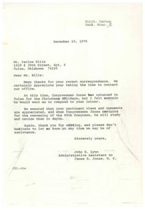 ["Mr. Ellis wrote a letter to Congressman James R. Jones, suggesting ways to help utility companies and improve the economy in Oklahoma. He proposed tax-free dividends, issuing stock, and using coal to make gas. He also suggested educational programs to promote conservation and reading. Congressman Jones' assistant thanked Mr. Ellis for his letter and promised to review his suggestions."]