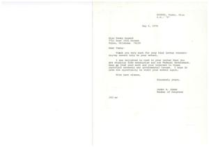 ["Tammy Eggers wrote a letter to Congressman James R. Jones thanking him for visiting her school and discussing free enterprise and the federal government. Congressman Jones responded, encouraging Tammy to continue her studies and expressing hope for another visit to her school. Tammy expressed her gratitude for the visit and mentioned studying about Washington, D.C. and Congress."]