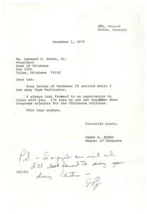 ["Mr. Eaton received a letter from Congressman Jones in response to a previous letter he sent regarding a discussion at a meeting of the Oklahoma Bankers Association. Congressman Jones expressed interest in meeting with Mr. Eaton during the Christmas holidays to discuss the situation further."]