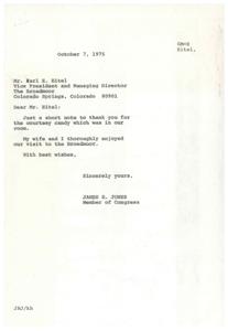 ["James R. Jones, a Member of Congress, wrote a brief thank you note to Karl E. Eitel, Vice President and Managing Director of The Broadmoor in Colorado Springs. Jones expressed his gratitude for the courtesy candy in his room and mentioned that he and his wife enjoyed their visit to the hotel."]