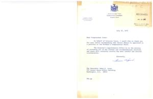 ["The document is from Thomas H. Lynch, the Appointments Officer for Governor Carey of New York, thanking Congressman James R. Jones for recommending Bernie Ehmann for a position on the Workmen's Compensation Board. Lynch assures Jones that Ehmann's recommendation will be carefully considered."]