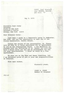 ["The document is from James R. Jones, a Member of Congress, to Governor Hugh Carey of New York. Jones met Bernie Ehmann, a County Legislator, who is being considered for an appointment on the Compensation Board by Carey. Jones is impressed with Ehmann's dedication and endorses him for the appointment. Jones also expresses pride in Carey's new role as Governor."]