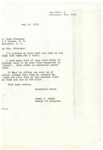 ["Mrs. Eisinger visited Congressman James R. Jones' office and offered to volunteer her help for any special projects. Congressman Jones thanked her for her offer and invited her to visit again. Mrs. Eisinger, originally from Oklahoma, recently retired and used to work at the White House."]