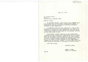 ["Charlie Evans visited the Mobile Congressional Office at Collinsville to discuss newspaper coverage of judo competition, specifically regarding his son, Charlie Jr., who excelled in the 1974 competition. Congressman James R. Jones expressed appreciation for Evans' concern and provided him with contacts at local media outlets for future coverage. Evans also inquired about the potential impact of the relationship between the AAU and NCAA on media coverage of the competition. Jones stated that he was not aware of any direct effect on media coverage based on this relationship."]