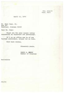 ["Mr. Watt Espy, Jr. wrote a letter to Congressman James R. Jones requesting his signature on a First Day Cover and a small card, along with a personally signed and inscribed photograph. Congressman Jones responded with a letter thanking Mr. Espy for his request and offering further assistance if needed."]