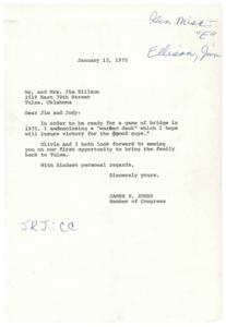 ["James R. Jones, a Member of Congress, is sending a \"marked deck\" of cards to Jim and Jody Ellison in Tulsa, Oklahoma in preparation for a game of bridge in 1975. He also mentions looking forward to bringing his family back to Tulsa and sends his kindest regards."]