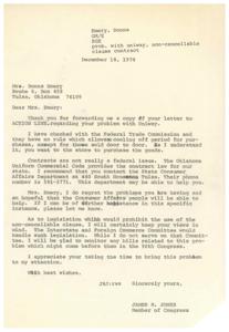 ["Donna Emery writes to Congressman James R. Jones about her issue with Uniway of Tulsa, a company that she feels has taken advantage of her in a sales situation. She explains that she signed a non-cancellable contract for furniture purchases but later realized she could not afford the payments. She asks for advice on how to handle the situation and suggests that legislation should be introduced to prohibit the use of non-cancellable clauses in contracts. She also informs Uniway of Tulsa that she is cancelling her membership due to financial difficulties."]