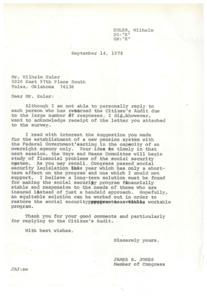 ["The document from James R. Jones to Wilhelm Euler acknowledges receipt of a survey response regarding the establishment of a new pension system. Jones expresses the need for a long-term solution to make the social security program financially stable. The Citizen's Audit questionnaire asks for opinions on Federal regulations and their impact on various aspects of life. The survey aims to inform Congress when considering new laws. There is also a section for suggestions on improving Federal regulations."]
