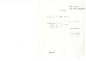 ["James R. Jones, a Member of Congress, is sending a news clipping to Honorable Mickey Edwards on June 26, 1978. Jones believes it is a good article and includes a cover note with the clipping."]