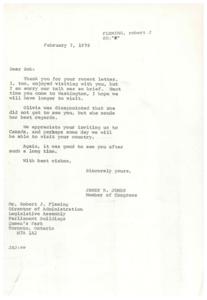 ["The document is a series of letters between James R. Jones, a Member of Congress, and Robert J. Fleming, Director of Administration at the Legislative Assembly in Canada. They express gratitude for recent meetings and hope to have more time to visit in the future. Olivia, who was disappointed to not see Robert, sends her regards. They also discuss the possibility of visiting each other's countries in the future."]