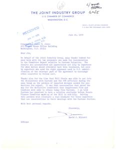 ["The document is from David J. Elliott, Acting Chairman of the Joint Industry Group, thanking Congressman R. Jones for his help with proposals related to Customs Valuation. The results achieved are appreciated by importers and exporters, and the efforts of Phil Steele in discussions with Customs officials are also acknowledged. A solution to a problem regarding imported designs needed for production for export is expected before mid-July, which will benefit exporters working with the Customs Service."]