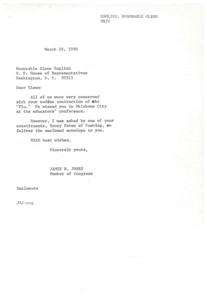 ["The document is from James R. Jones, a Member of Congress, expressing concern for Glenn English's illness and informing him that an envelope from a constituent, Nancy Exton, has been delivered to him."]