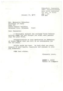 ["The document is a congratulatory message to Jeannette Edmondson for being nominated as Secretary of State. The sender expresses their belief in her ability to do an outstanding job and wishes her good health, happiness, and success in her new role. They also mention sending a newspaper article about her nomination."]