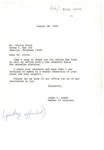 ["The document is a response to Mr. Carlos Ellis regarding his comments about the upcoming election. The writer, James R. Jones, thanks Mr. Ellis for his input and expresses a desire to continue serving in a way that earns his trust and support. Jones also offers assistance if needed. Additionally, the letter mentions concerns about Medicare and the need to challenge Reagan on certain policies."]