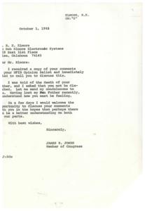 ["James R. Jones, a Member of Congress, received R. E. Elmore's comments on his NFIB Opinion Ballot and tried to call him to discuss, but was told of Elmore's father's death. Jones sent his condolences to Elmore and expressed his willingness to discuss the comments in the future."]