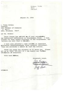 ["Vicky Eidson requested background information on Congressman Jones from Jerry Conrey. Conrey provided a biography and news article on legislation introduced by Congressman Jones. Eidson also thanked Conrey for providing a picture of Congressman Jones for an upcoming Chamber meeting where he will be speaking. She asked for a short article about Congressman Jones to be included in the local newspaper."]