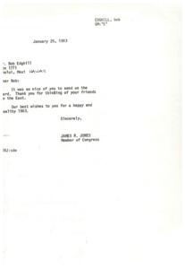 ["Bob Edgehill received a card from James R. Jones, a Member of Congress, thanking him for thinking of his friends in the East and wishing him a happy and healthy 1983. Edgehill also received a card from a friend in Yugoslavia, Ivan Lackovic, asking if he will be going to Maui for a winter vacation. The card also mentions a young horse and the sole distributors of the card, Marcel Schurman Company, Inc. The card was sent to Edgehill in Maui, Hawaii."]