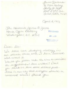 ["Laurie Durante writes a letter to Congressman James R. Jones expressing concern about environmental issues in their city. She suggests solutions such as screening junk yards, creating more bicycle paths and sidewalks, holding contests for the nicest homes, and promoting recycling plants. She emphasizes the importance of everyone working together to address pollution and over-population."]