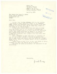 ["Janet Eng is a law abiding citizen who believes that Tulsa, Oklahoma needs a trash recycling plant similar to the one in Franklin, Ohio. She also suggests implementing an underground water pipe system for trash disposal and stricter laws on pollution of air and water. She asks for the Honorable James R. Jones' opinion on these ideas and how their school can help with these projects."]