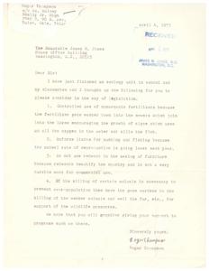 ["The document is from Roger Thompson to Honorable James R. Jones, urging him to consider legislation regarding controlled use of nonorganic fertilizers, enforcing limits for hunting and fishing, not using redwood for furniture, and having game wardens kill weaker animals for support of wildlife preserves. Thompson hopes Jones will support these programs."]