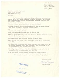 ["In a letter dated April 4, 1973, Leslie Curtis addresses the Honorable James R. Jones to express concerns about environmental issues. The document includes suggestions such as requiring filters on smokestacks, implementing air pollution control devices on vehicles, enforcing littering laws, and promoting trash recycling. Curtis also suggests offering ecology classes in high schools. The document emphasizes the importance of taking action to protect the environment."]