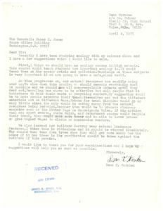 ["The document is from Dean Warnken, a student at Skelly Jr. High School, to the Honorable James R. Jones discussing suggestions for promoting ecology and conservation. Dean suggests implementing an ecology course in high schools, increasing recycling efforts, promoting clean-up campaigns, and taking action against builders who destroy natural landscapes. Dean hopes his suggestions will be considered and implemented."]