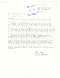 ["Robert Sager writes a letter to Congressman James R. Jones discussing environmental issues such as recycling, water purification, use of inorganic fertilizers, and the impact of strip-mining on the environment. He suggests solutions such as city-operated dumps, using natural fertilizers, and stopping strip-mining to prevent further damage to the environment."]