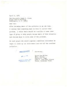 ["The document is addressed to Congressman James R. Jones and discusses the issue of pollution in the writer's town. The writer suggests the formation of councils or groups to raise awareness about pollution and come up with solutions to the problem. They emphasize the need for organized committees nationwide to work towards cleaning up the environment and reducing pollution."]