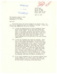 ["The document is from Gayla Pogue to Honorable James R. Jones, suggesting ideas for improving ecology. The suggestions include rehabilitating older residential areas, enforcing litterbug laws, and strengthening laws against dumping in water bodies. Gayla emphasizes the importance of conserving resources for future generations."]