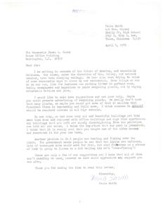 ["Paula Smith, a student at Skelly Jr. High School in Tulsa, Oklahoma, wrote a letter to Congressman James R. Jones expressing concern about the environment. She suggested promoting recycling plants, making ecology a required course in high schools, preserving historic buildings, enforcing hunting and fishing limits, and seeking support for these initiatives. She thanked him for considering her suggestions."]
